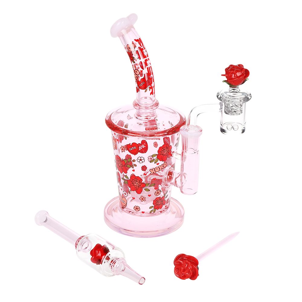 08ee4438-8cd5-46c1-ab99-63a4149b74df.jpg Pulsar Valentine's Rose Glass Dab Rig Set - 8.25" / 14mm F - Image 1
