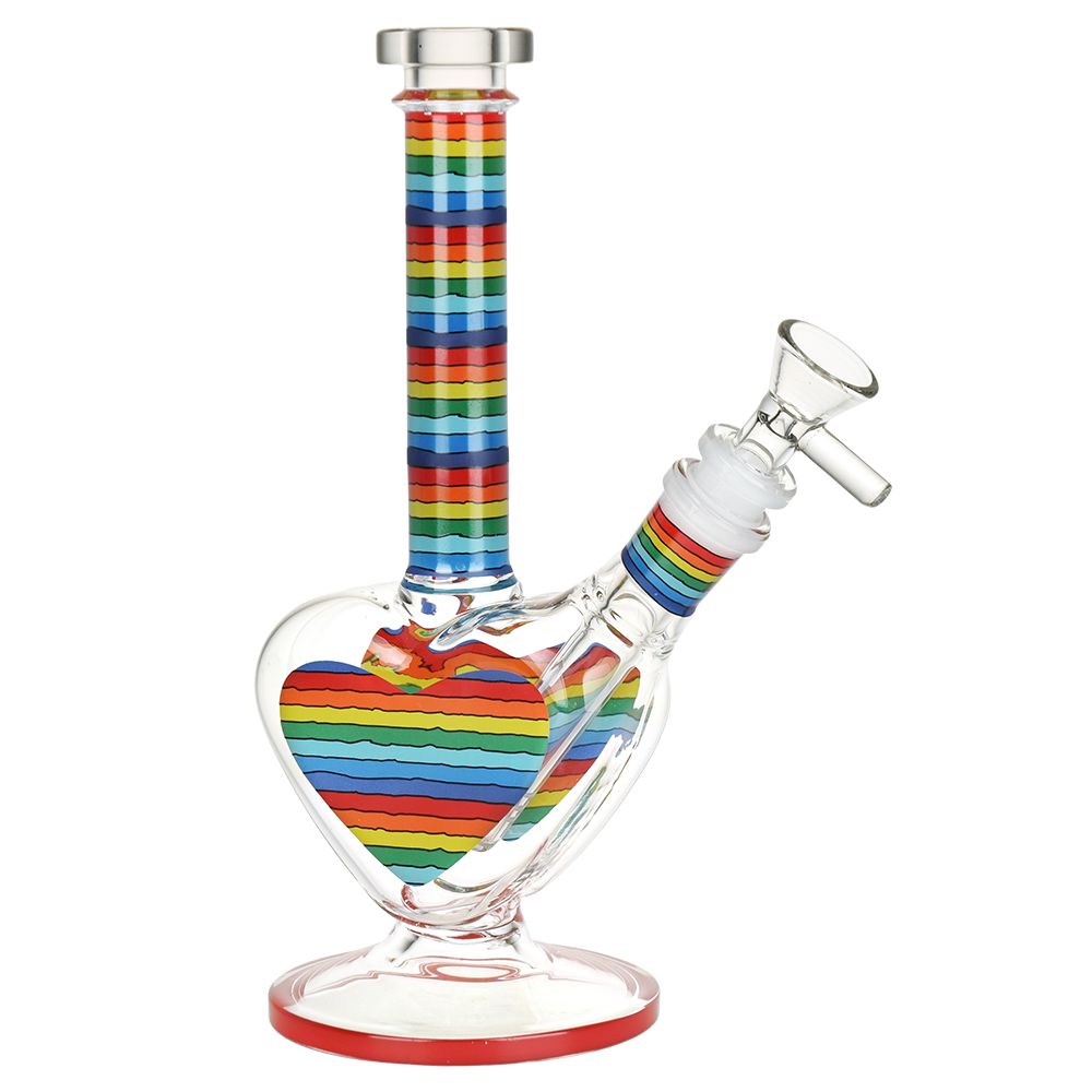 17b1ebed-e6f1-420a-8f52-99e93eb9a61c.jpg Rainbow Striped Heart Glass Water Pipe - 8.5" / 14mm F - Image 1