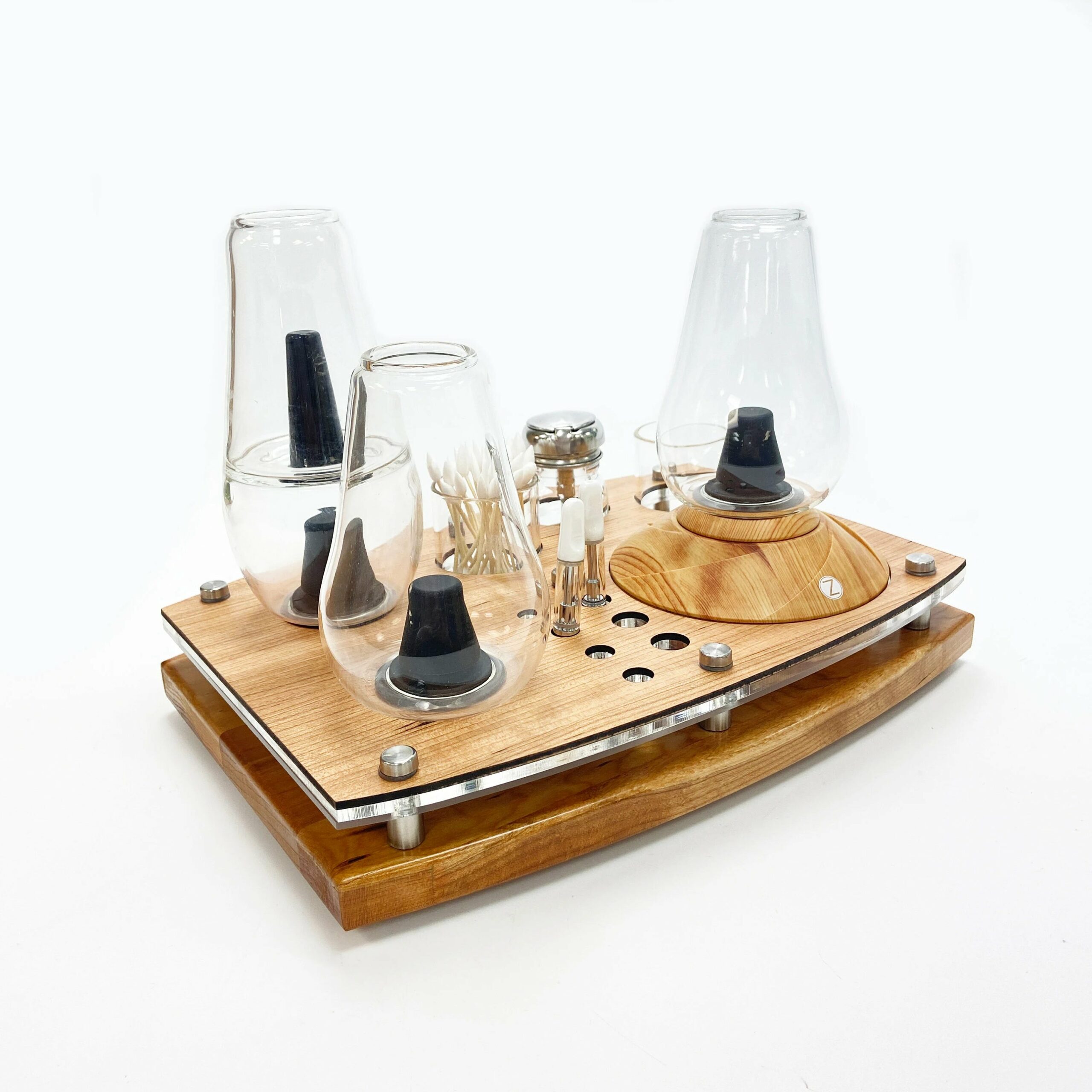 The Zenco Drinking Glass Vaporizer Organizing Tray For Duo or Flow and Cleaning Station with ISO Pump and Swab Jar
