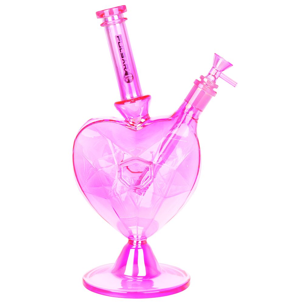 Pulsar Diamond Faceted Heart Glass Water Pipe - 11.75" / 14mm F / Pink