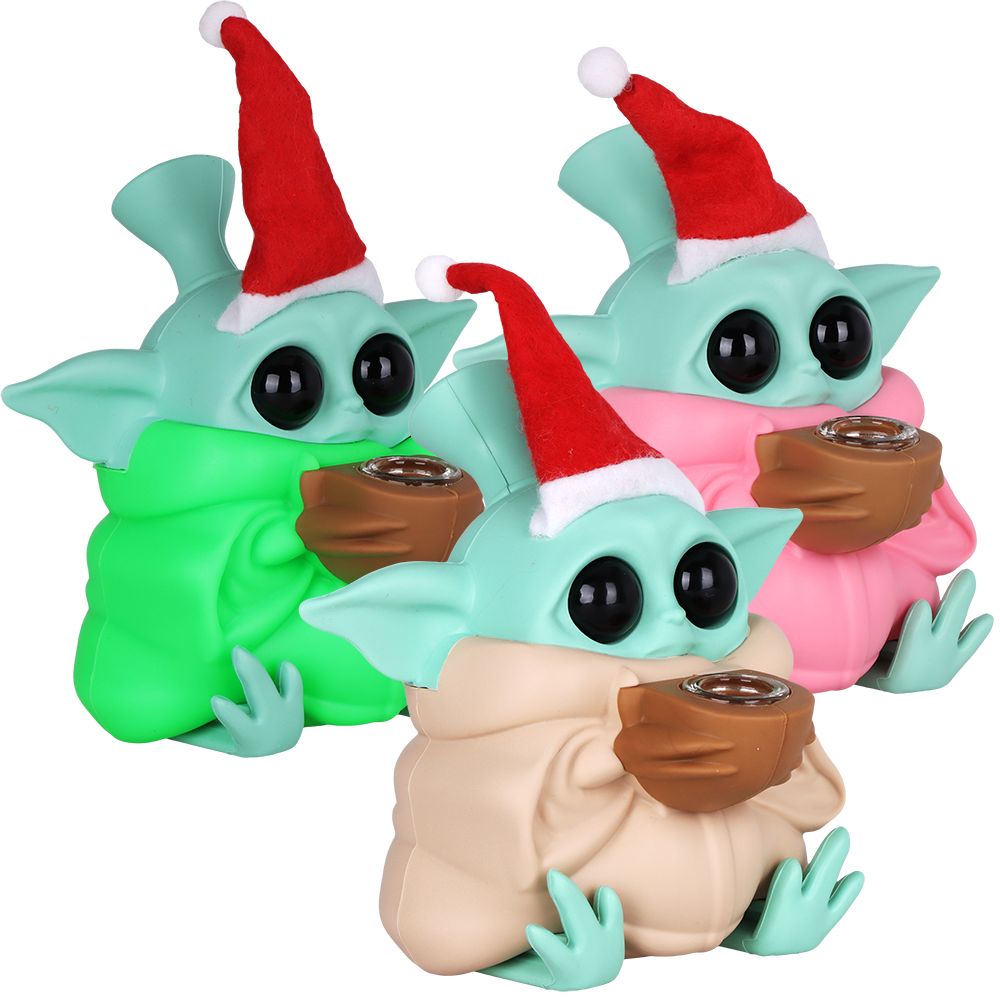 Cute Little Christmas Alien Silicone Water Pipe w Glass Bowl - 4.75" 3ct